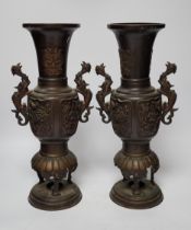 A pair of bronze Japanese vases and two Chinese scroll pictures, vases 35.5cm high