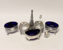A French pierced white metal double condiment stand, height 14.6cm and four other silver