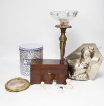 A novelty duck jelly mould, a pottery canister, a tea caddy, miniature dolls heads and a table