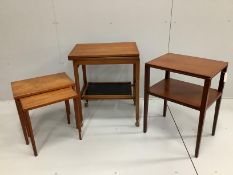 A mid century teak two tier occasional table, width 50cm, depth 38cm, height 68cm together with a