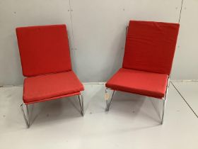 Two Danish chrome steel and red canvas Bachelor chairs (model VP-04-H201-C), each with two
