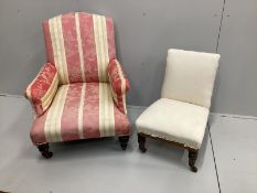 A late Victorian upholstered armchair, width 70cm, depth 72cm, height 90cm, together with a