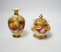 A Worcester fruit painted vase, signed Ricketts and a Royal Worcester rose painted pot pourri signed