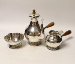 A South American 900 standard white metal three piece coffee set, coffee pot height 21.3cm, gross