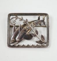 A Georg Jensen silver twin dolphin brooch, design no. 251, 38mm.