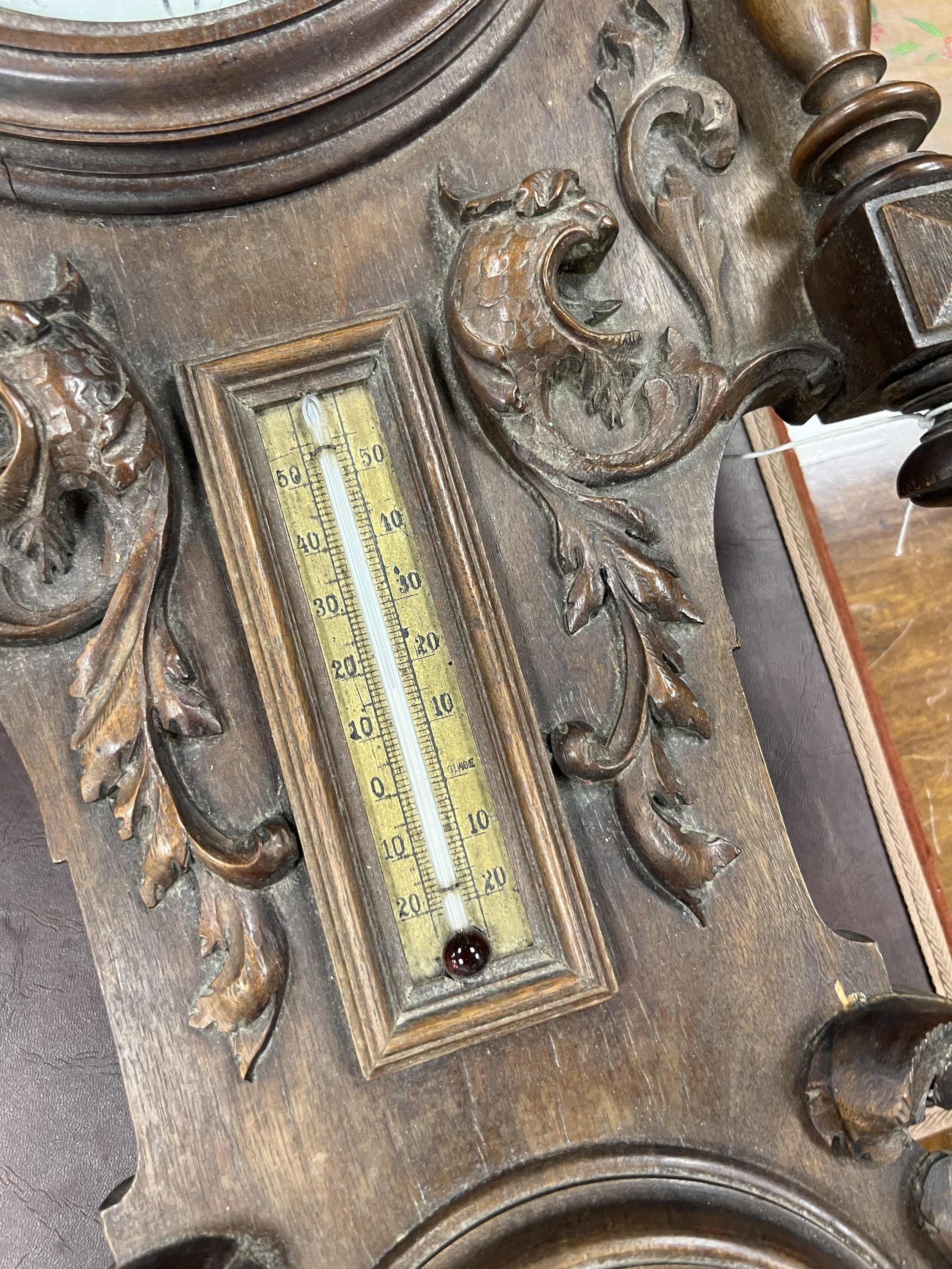 A late 19th century French carved walnut wall clock combined thermometer and barometer, dial and - Image 11 of 11