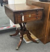 A Regency ebony strung mahogany drop flap two drawer work table, width 45cm, depth 64cm, height