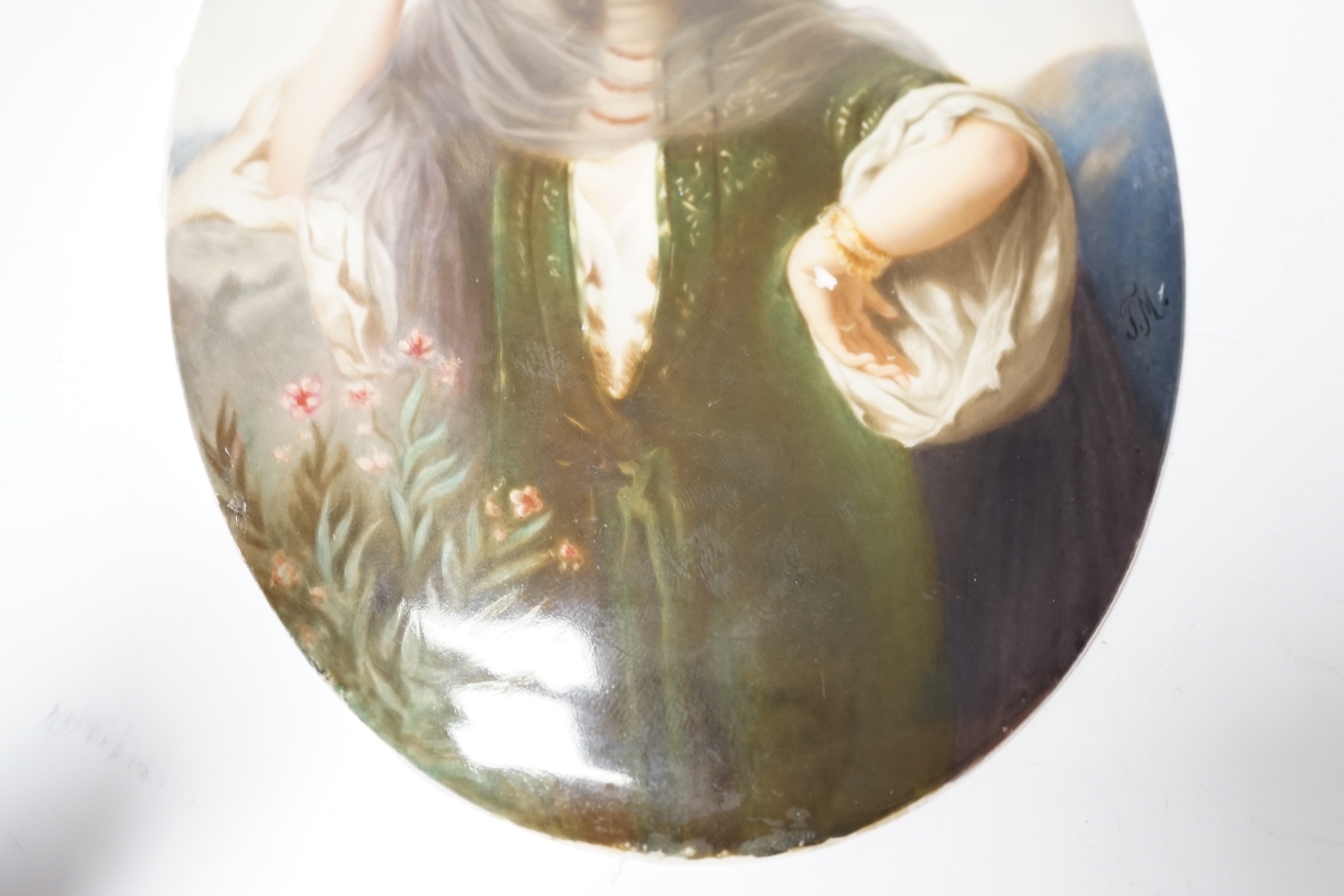 A Berlin KPM painted porcelain oval plaque, painted with a Persian lady, initialled JM, 18 x 13cm - Image 3 of 4