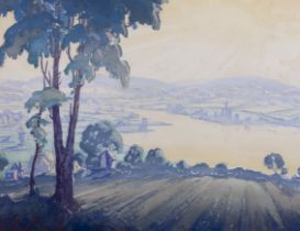 Pair of colour prints, Panoramic river landscape and Woodland, indistinctly signed in pencil