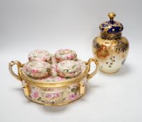 A Royal Crown Derby jar and cover and a English porcelain rose painted inkstand, c.1820, stand
