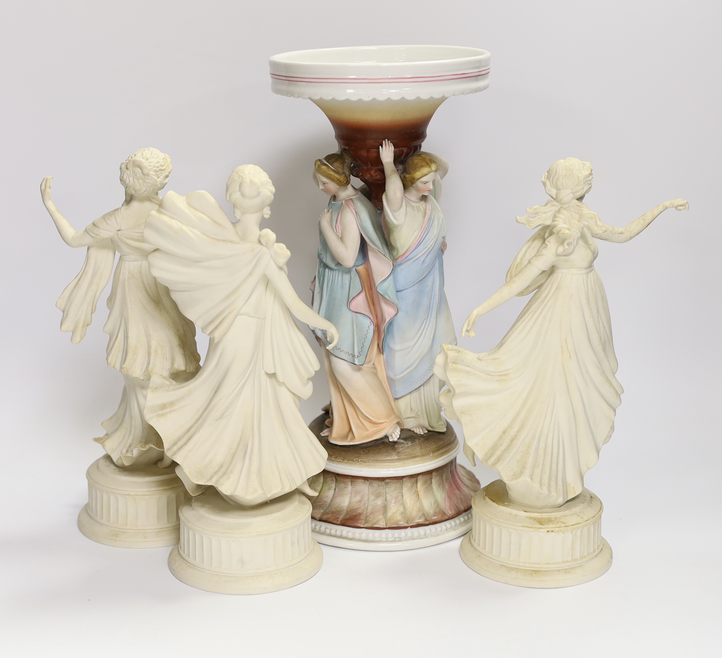 Three Wedgwood Dancing Hours figurines and a 19th century porcelain three graces centrepiece, - Image 2 of 5