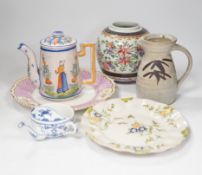 A group of Continental and English ceramics including Cantagalli plate, a Quimper coffee pot etc.,