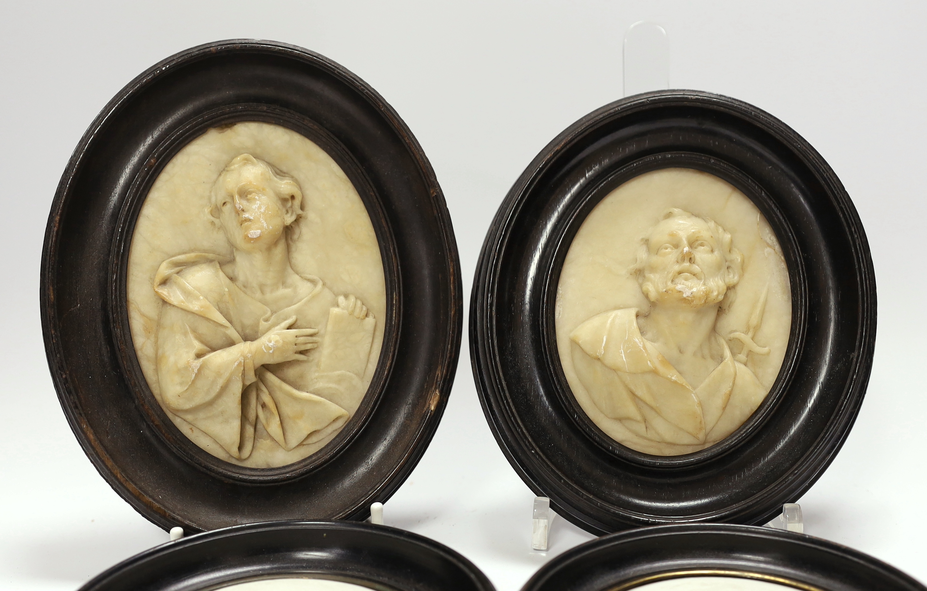 A pair of 19th century alabaster relief carved religious plaques and a pair of Sevres biscuit - Image 2 of 4