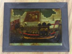 A 19th century commemorative reverse glass print, Lord Nelson's funeral barge from Greenwich to