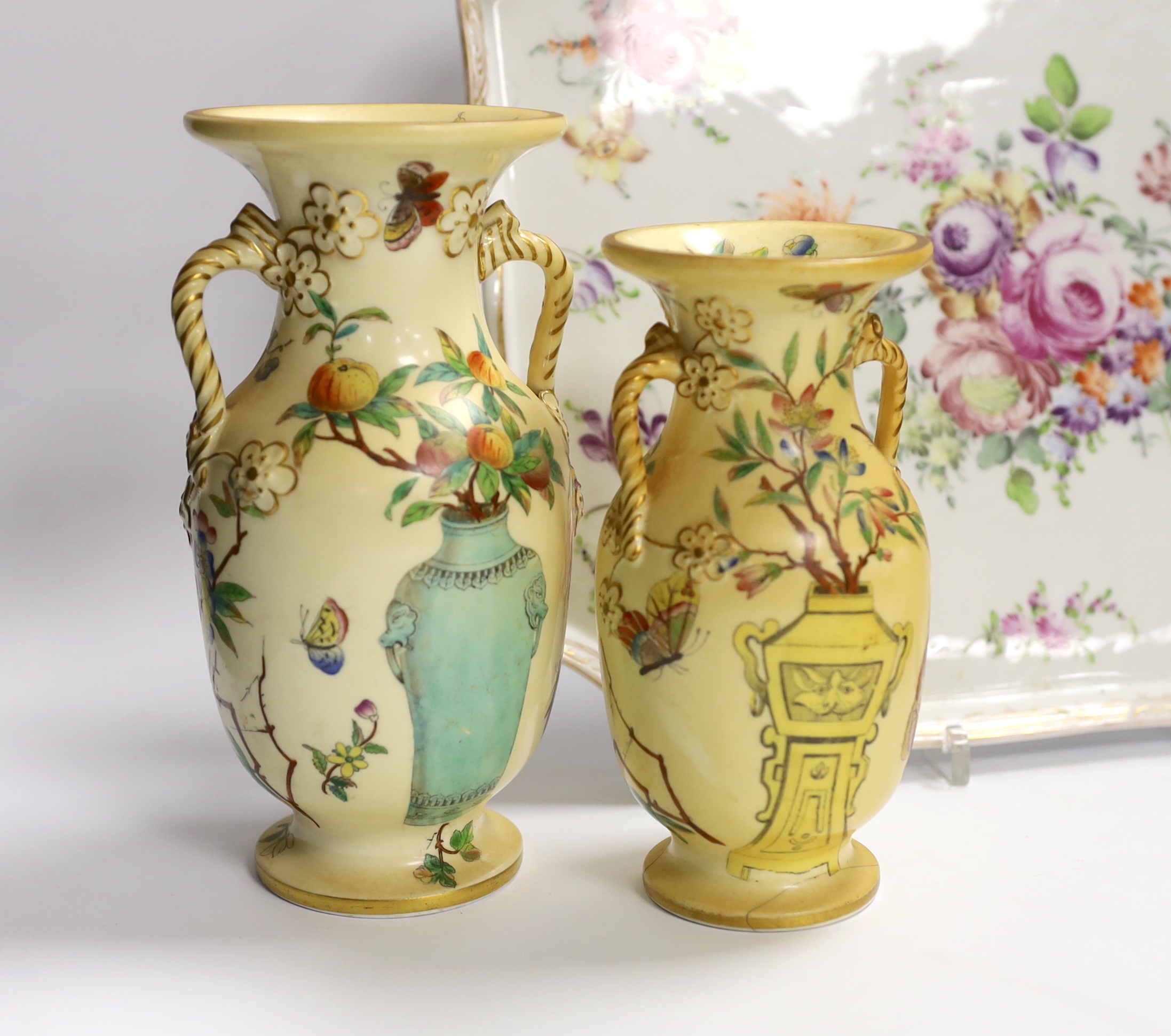 A Dresden porcelain floral dish, Cantagalli caddy and three Paris vases, largest 33cm wide - Image 2 of 11