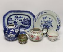 An 18th/19th century Chinese teapot, cup, dish, platter, jar and a cloisonne box, platter 28.5cm