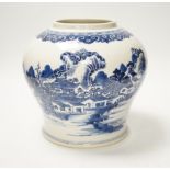 A Chinese Qianlong blue and white ‘soft paste’ porcelain landscape jar, 19cm high