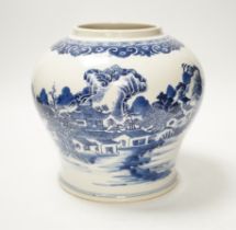 A Chinese Qianlong blue and white ‘soft paste’ porcelain landscape jar, 19cm high