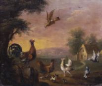 18th / 19th century Flemish School, oil on copper panel, Chicken and birds in a landscape, inscribed