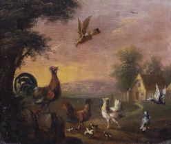 18th / 19th century Flemish School, oil on copper panel, Chicken and birds in a landscape, inscribed