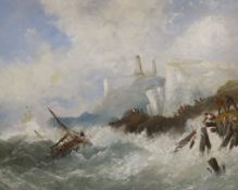 19th century English School, oil on board, Coastal scene with shipwreck before a lighthouse, 39 x