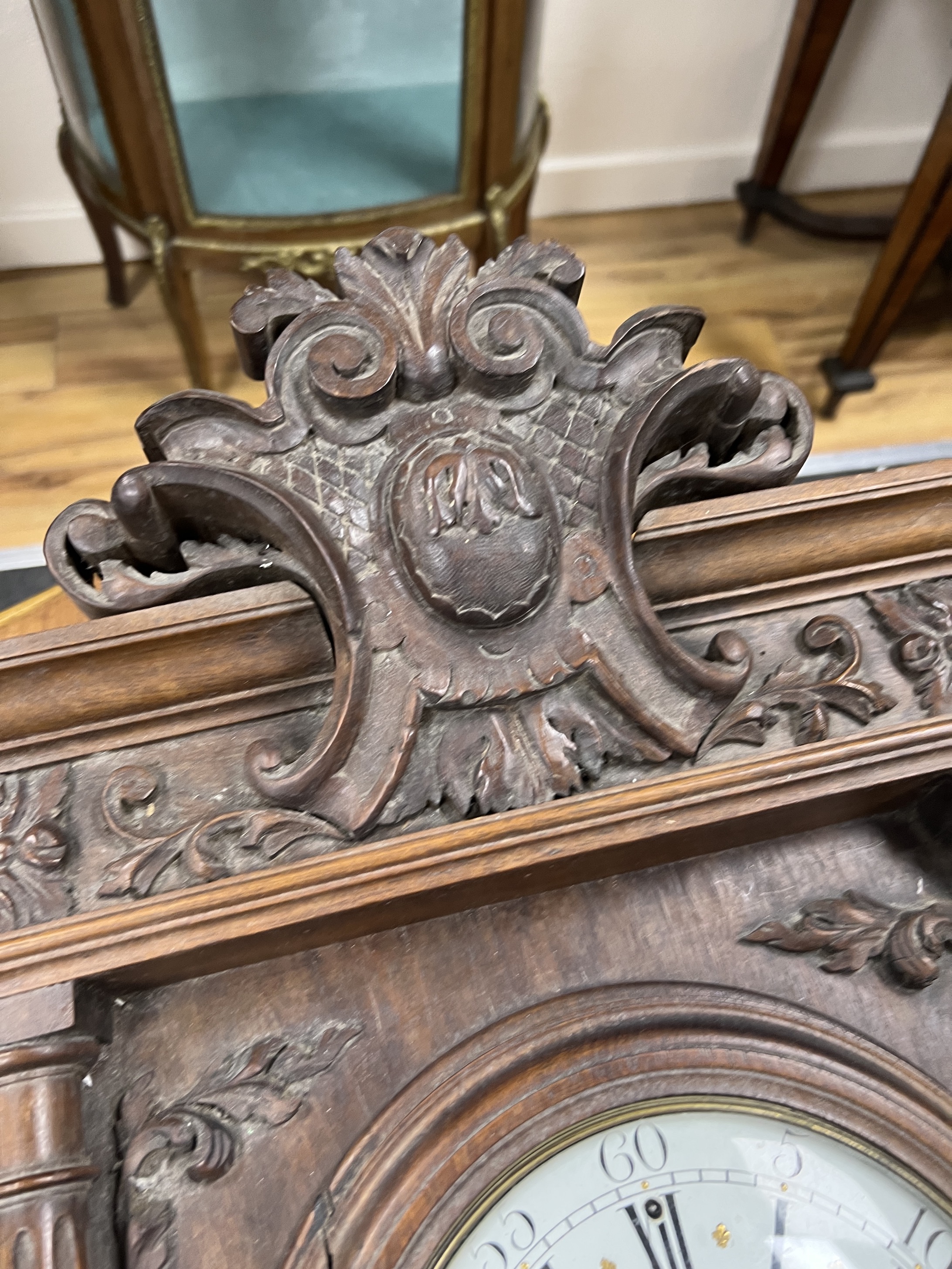 A late 19th century French carved walnut wall clock combined thermometer and barometer, dial and - Image 9 of 11