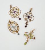 Three assorted early 20th century 9ct and gem set pendants, one other similar yellow metal and gem