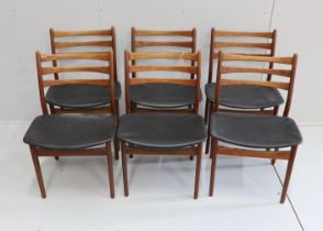 A set of six mid century, Danish design, teak and black leatherette dining chairs, width 50cm, depth