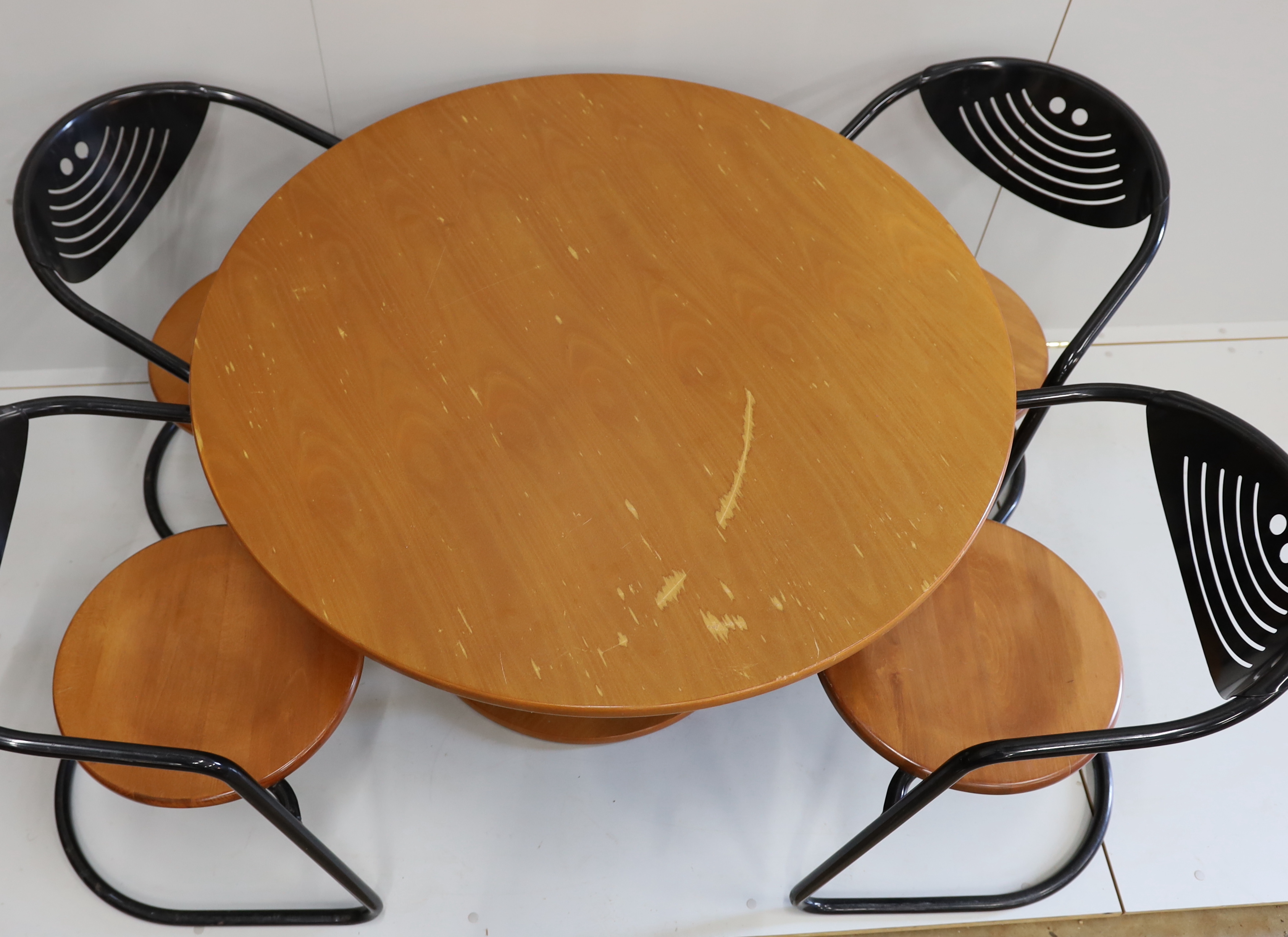 A mid century circular beech table and four cantilever chairs, table 110cm diameter, height 73cm. - Image 2 of 4