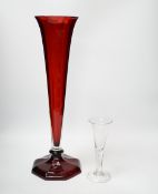 A large Bohemian ruby flashed glass lily vase and a mid-18th century ‘drawn trumpet’ cordial glass