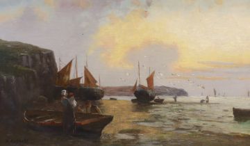 W. Richards (Francis Jamieson, 1893-1950), oil on canvas, Coastal scene with moored boats and