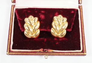 A modern pair of 18ct 'oak leaf' earrings, by Asprey & Co, 26mm, in Asprey & Co gilt tooled