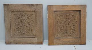 A pair of late 19th century carved oak panels, width 71cm, height 74cm