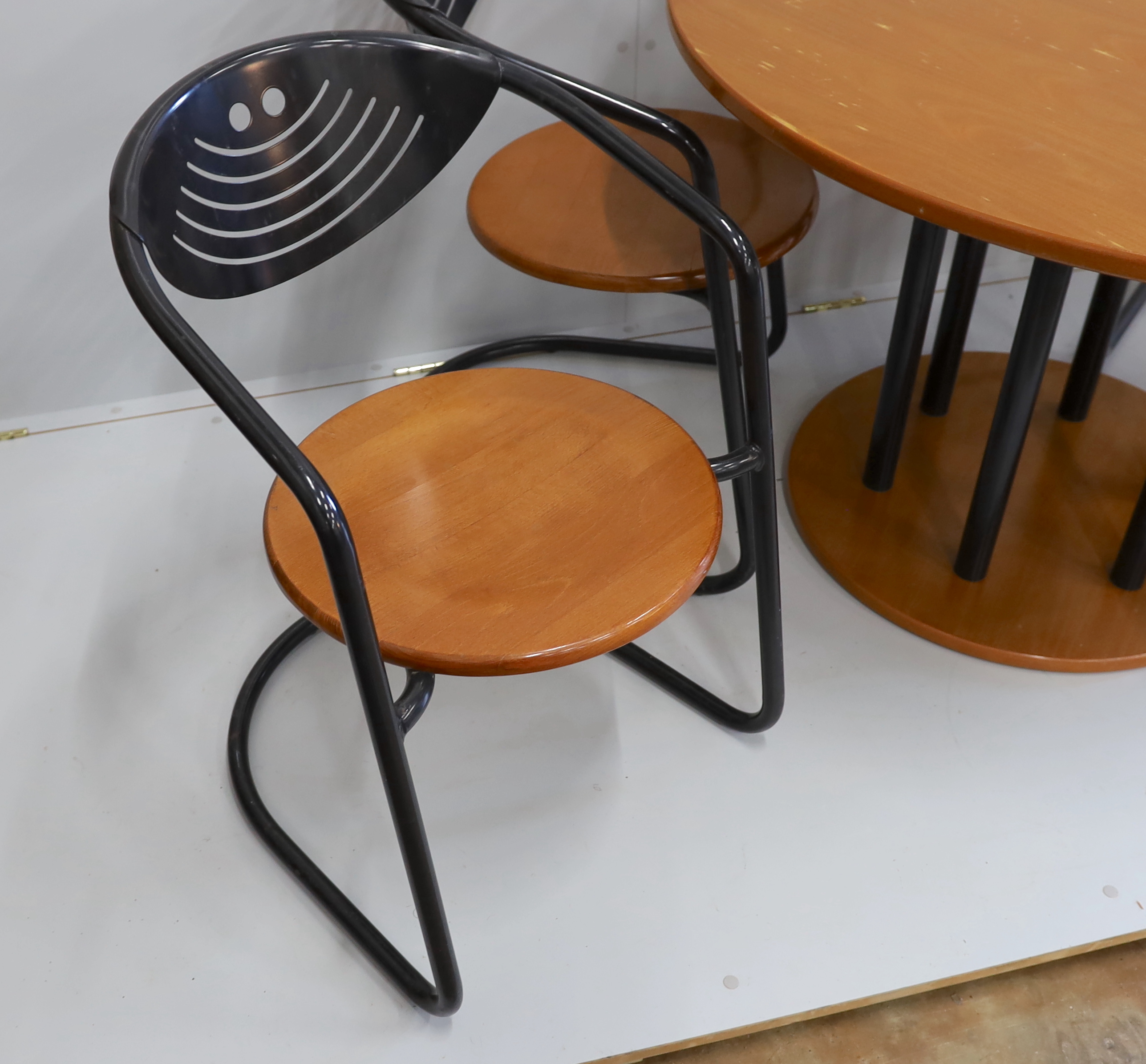 A mid century circular beech table and four cantilever chairs, table 110cm diameter, height 73cm. - Image 3 of 4