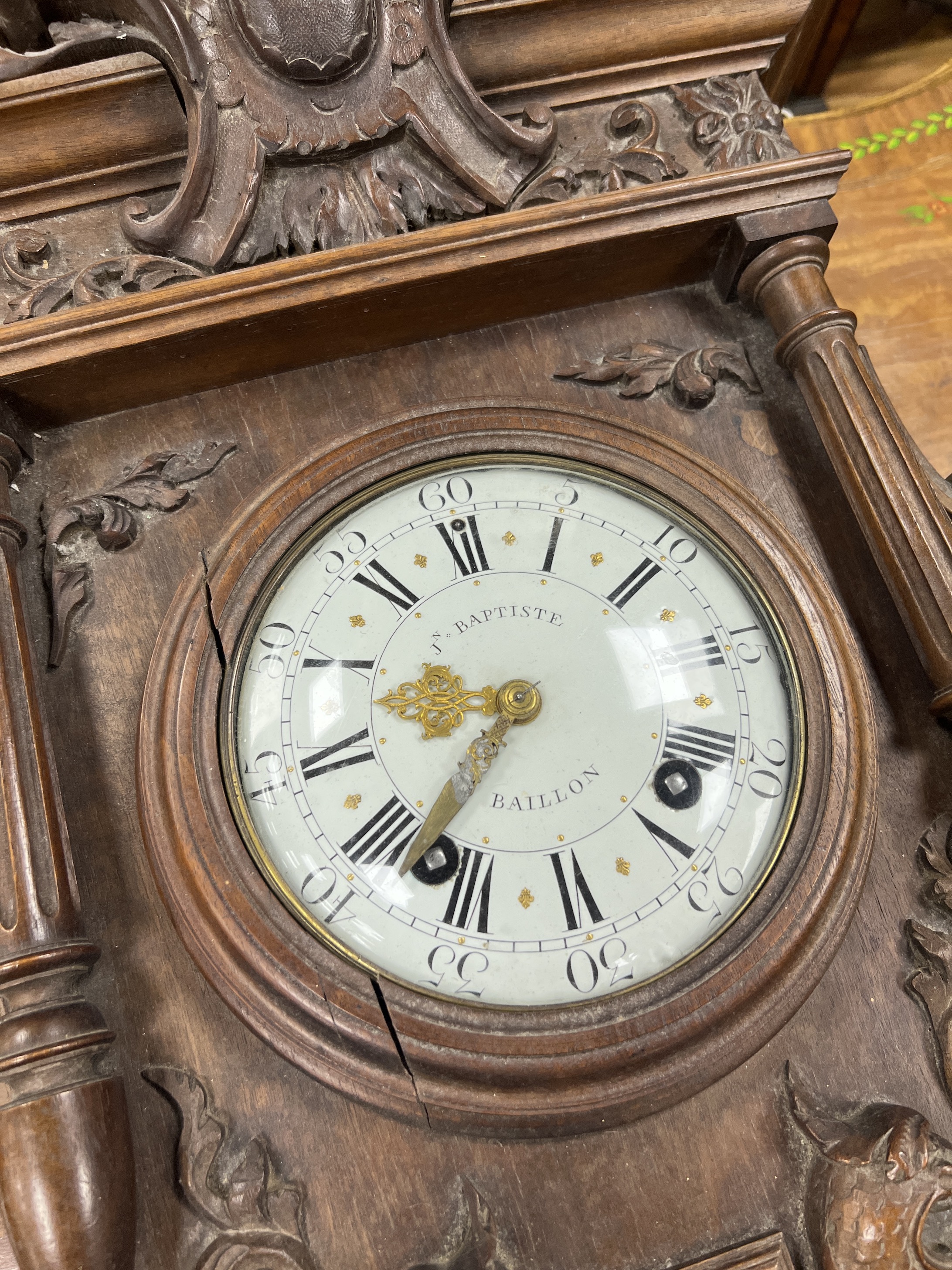 A late 19th century French carved walnut wall clock combined thermometer and barometer, dial and - Image 8 of 11
