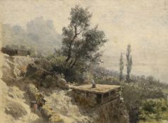 Russian school, oil on canvas laid on board, Mountainous scene inscribed in Cyrillic verso with