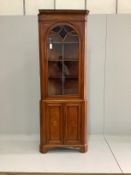 An Edwardian Sheraton revival inlaid satinwood standing corner cabinet, width 78cm, depth 40cm,