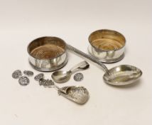 A Georg Jensen silver christening spoon, a pair of modern silver wine coasters, a set of five silver