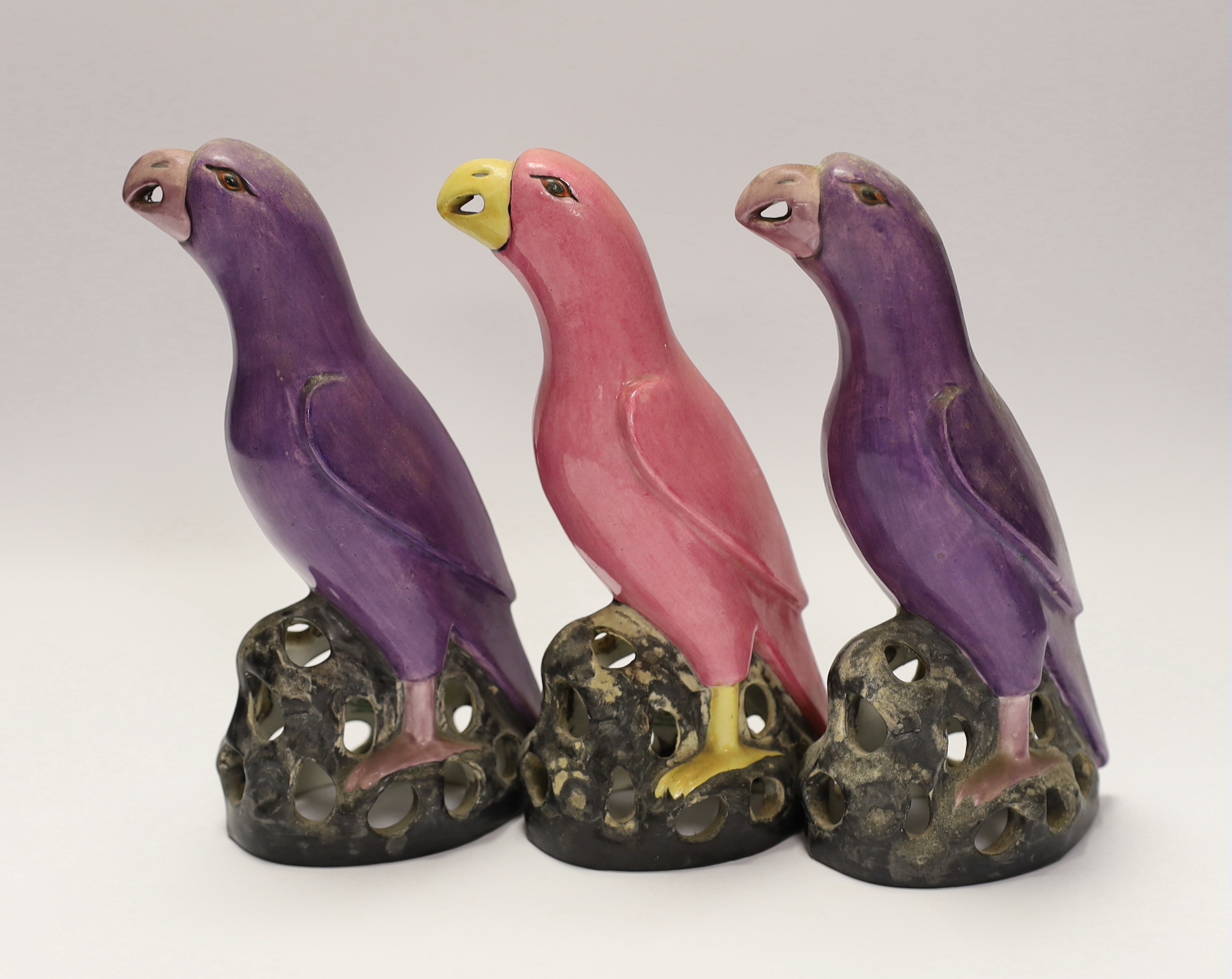 Three Staffordshire parrots with purple and pink glazed, each stamped, 19cm high - Image 2 of 4