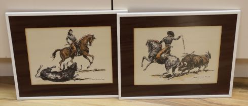 John Fulton Short (1932-1998), pair of ink and watercolours, Matadors and bulls, each signed, 22 x