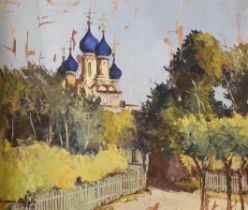 Impressionist oil on unstretched canvas, 'Shanghai, St Nicholas Church', indistinctly signed and