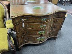 A George III style painted satinwood serpentine chest with part dummy drawer front, width 91cm,