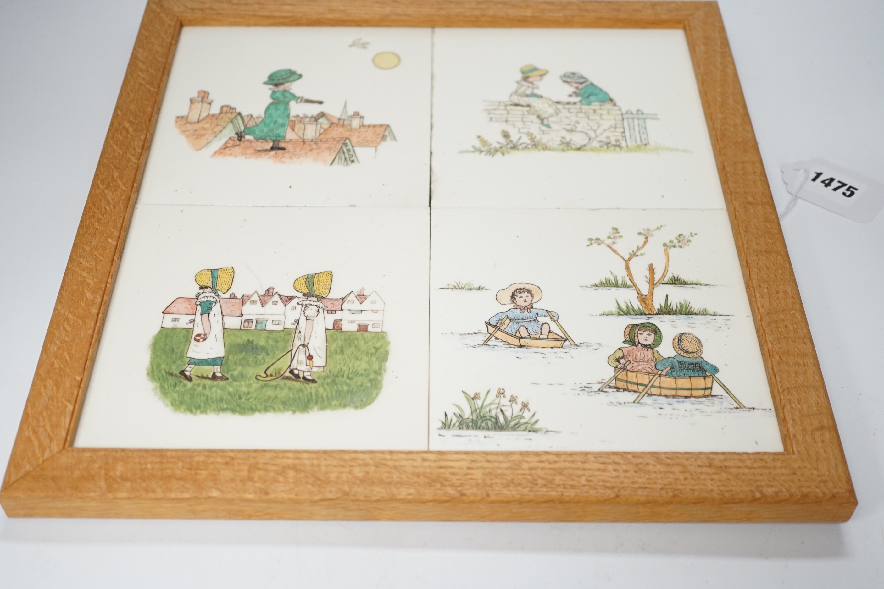 A set of four oak framed Minton tiles outside decorated illustrations after Kate Greenaway, 34 x - Image 3 of 3