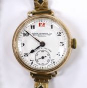 An early 20th century 9ct gold Zenith manual wind wrist watch, retailed by Birch & Gaydon Ltd,
