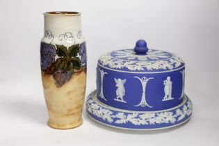 A Victorian blue Jasperware cheese dome with a on knop and Royal Doulton grapevine vase, largest