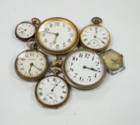 Seven assorted base metal timepieces including Ostara and Medana.