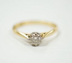 A modern 18ct gold and solitaire diamond set ring, size P/Q, gross weight 2.4 grams, the stone