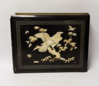 A Japanese bone and mother of pearl inlaid lacquer postcard album with continental postcards