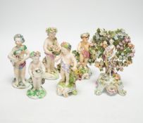 Six 18th/19th century figures by Bow and Derby, including a flower encrusted Bow figure with bocage,