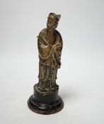 A Qing dynasty Chinese bronze figure of a sage on stand, 19cm